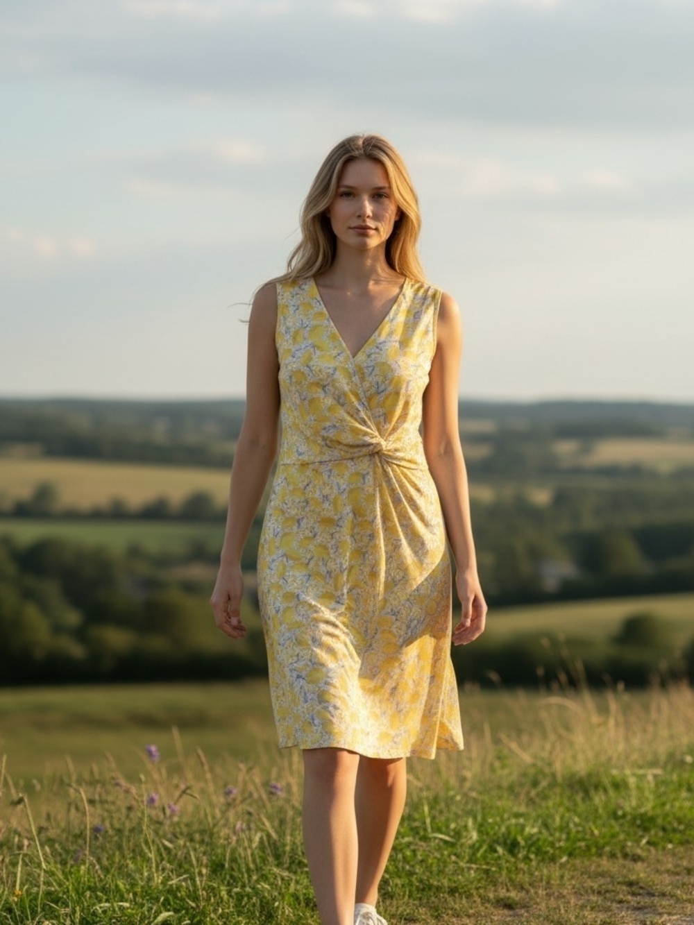 Lands' End Yellow Lemon Design Twist-Detail Midi Dress